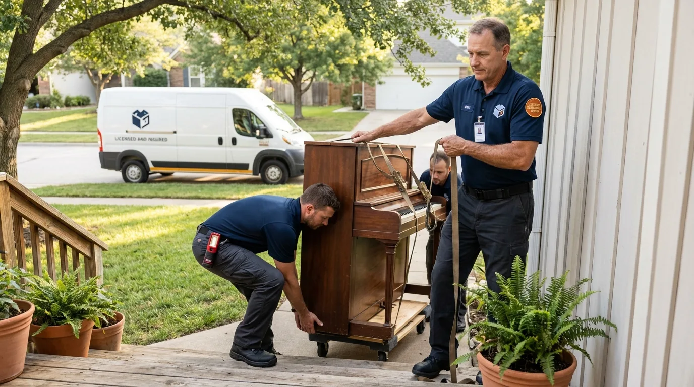 Licensed piano movers securing grand piano in Silvis, IL