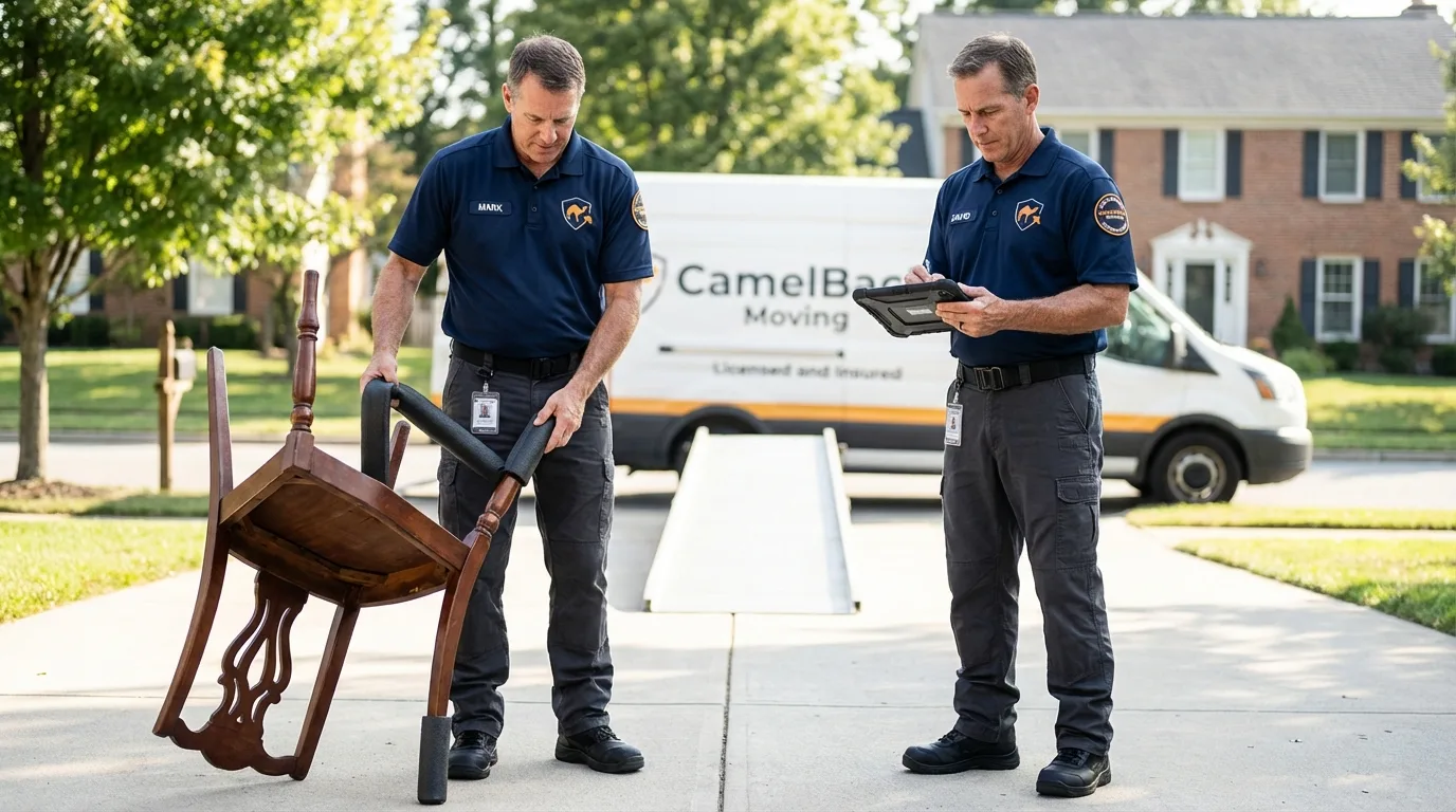 Movers inspecting furniture for damage prevention before loading in Silvis, IL